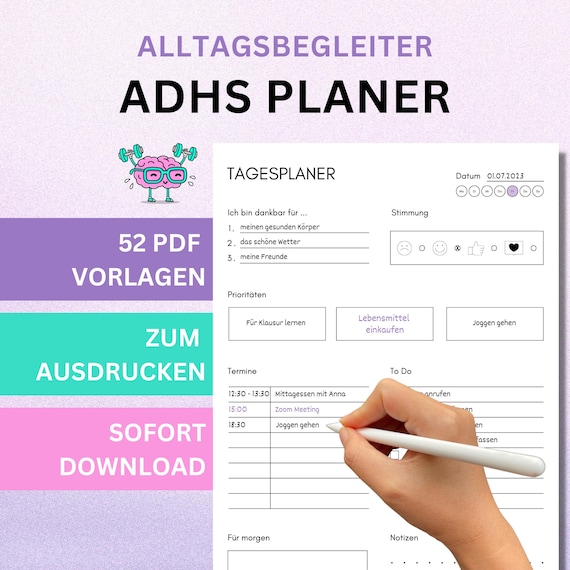 ADHS Planer für Erwachsene, ADHS Planer zum Ausdrucken, ADHS Planer Vorlagen, adhs Planer deutsch, adhs pdf, adhs daily plan, neurodivergent