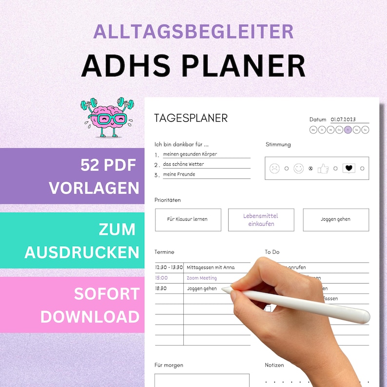 ADHS Planer Vorlagen auf deutsch, 52 PDF Dateien in A4 zum Ausdrucken, digitale Datei zum digitalen Download, minimalistisches Design,sofort Download