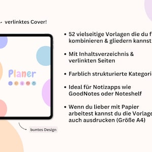 Puede incluir: Un planificador digital en una tableta, con lunares de colores pastel y la palabra "Planer". El dise&ntilde;o incluye iconos y texto en alem&aacute;n, con la frase "buntes Design".