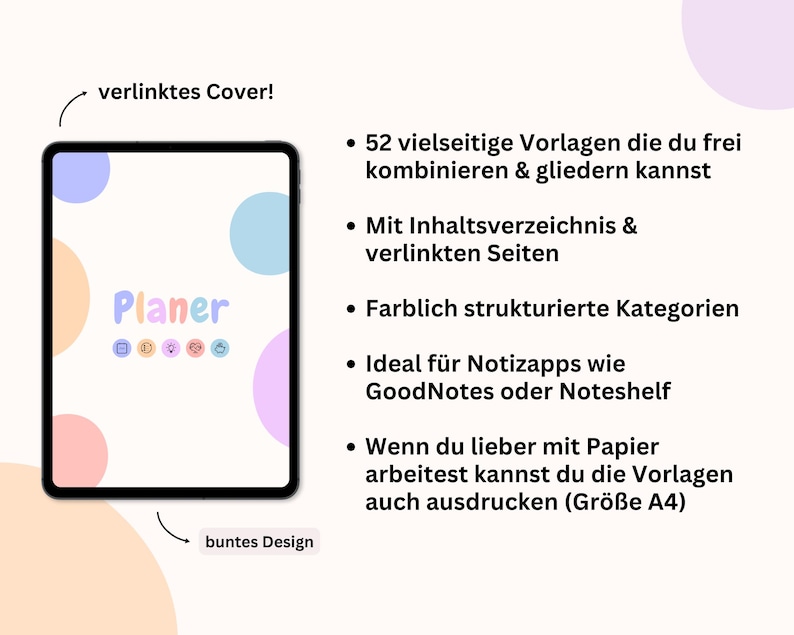 Puede incluir: Un planificador digital en una tableta, con lunares de colores pastel y la palabra "Planer". El dise&ntilde;o incluye iconos y texto en alem&aacute;n, con la frase "buntes Design".