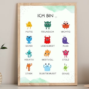 Affirmationen Poster für Kinder, Mutmachmonster, Positive Glaubenssätze, Selbstbewusstsein stärken, Achtsamkeit Kind, Schulanfang, Geschenk