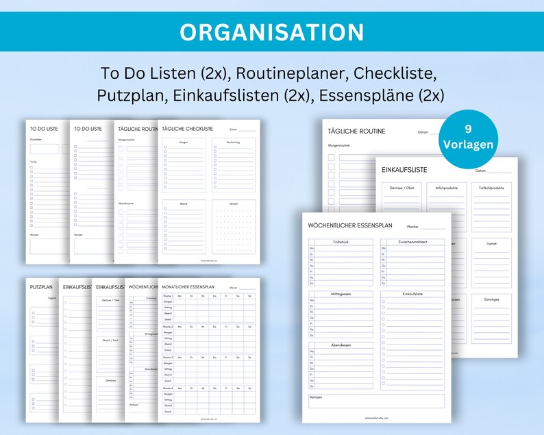 May include: Nine printable templates for organization, including to-do lists, daily routines, checklists, cleaning schedules, shopping lists, and weekly and monthly meal plans.