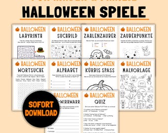 May include: A collection of Halloween-themed activity sheets for kids and families. The sheets include a maze, word search, coloring pages, and quizzes. The text "SOFORT DOWNLOAD" is on a black circle. The overall color scheme is orange and white.