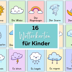 Wetterkarten für Kinder, Bildkarten Wetter, Wetter Lernkarten Kinder, Wetterkarten Kindergarten PDF, Lernkarten Montessori, Waldorf Karten