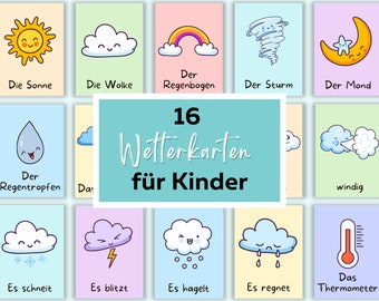 Cartões meteorológicos para crianças, cartões ilustrados de clima, cartões meteorológicos para crianças, cartões meteorológicos para jardim de infância em PDF, cartões Montessori, cartões Waldorf