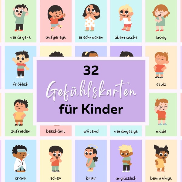 32 Gefühlskarten für Kinder, Kartenset Gefühle, Emotionskarten, Montessori Karten, Geburtstagsgeschenk Kind, Gefühle Karten, Lernkarten Kind