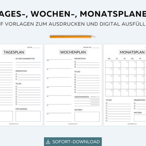 May include: Three printable planner templates: a daily planner, a weekly planner, and a monthly planner. Each planner has sections for appointments, priorities, to-do lists, and notes.