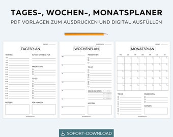 Printable PDF planner templates in German: Daily planner for printing, weekly planner (digital), monthly planner (downloadable), Goodnotes ADHD planner (A4).