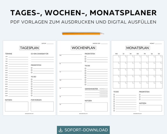 Druckbare PDF Planer Vorlagen deutsch Tagesplaner zum Ausdrucken Wochenplaner digital Monatsplaner Download Planer Goodnotes ADHS Planer A4