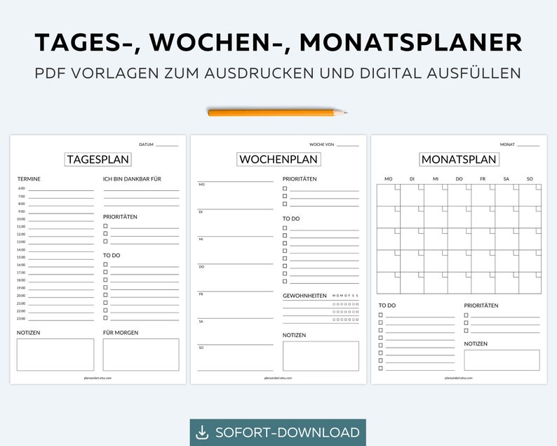 May include: Three printable planner templates: a daily planner, a weekly planner, and a monthly planner. Each planner has sections for appointments, priorities, to-do lists, and notes.