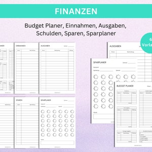 Finanzen und Budget Planer Vorlagen PDF in A4 auf deutsch, Einnahmen Ausgaben Übersicht, Sparplaner, Sparchallenge, Schulden Übersicht, ADHS Planer