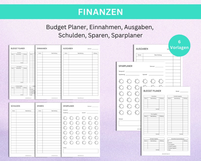 Finanzen und Budget Planer Vorlagen PDF in A4 auf deutsch, Einnahmen Ausgaben Übersicht, Sparplaner, Sparchallenge, Schulden Übersicht, ADHS Planer