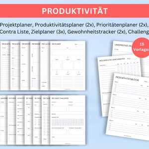 May include: A set of 15 printable productivity planner templates. The templates include project planners, productivity trackers, priority planners, pro and con lists, goal planners, habit trackers, and challenges. The templates are designed to help you stay organized and on track with your goals.