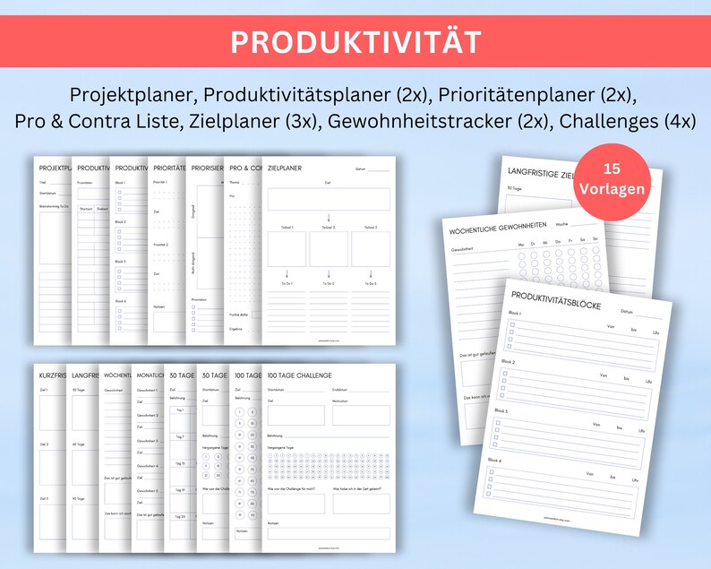 May include: A set of 15 printable productivity planner templates. The templates include project planners, productivity trackers, priority planners, pro and con lists, goal planners, habit trackers, and challenges. The templates are designed to help you stay organized and on track with your goals.