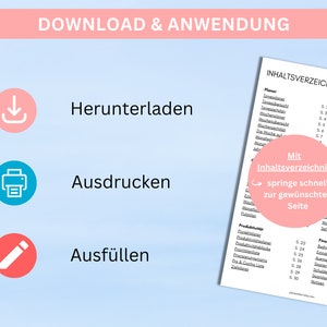 May include: A pink and blue graphic with instructions on how to download and use a printable planner. The text says "Download & Anwendung" and includes icons for downloading, printing, and filling out the planner. The text also says "Herunterladen", "Ausdrucken", and "Ausf&uuml;llen".