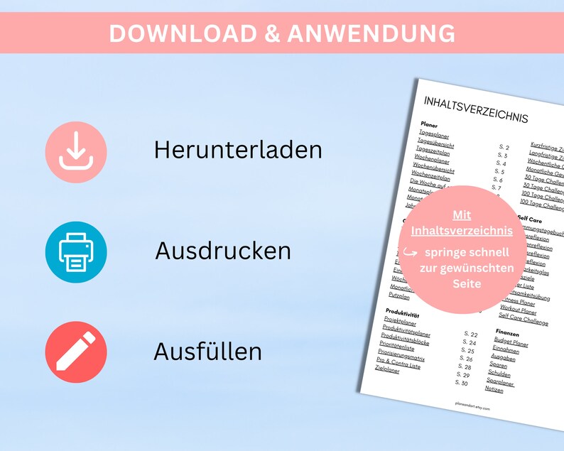 May include: A pink and blue graphic with instructions on how to download and use a printable planner. The text says "Download & Anwendung" and includes icons for downloading, printing, and filling out the planner. The text also says "Herunterladen", "Ausdrucken", and "Ausf&uuml;llen".