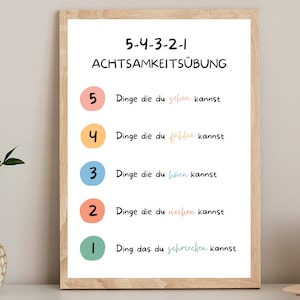 Mindfulness exercise poster to print, breathing exercise, 5 senses, self-care, stress reduction, panic attacks, anxiety, psychotherapy, German, PDF