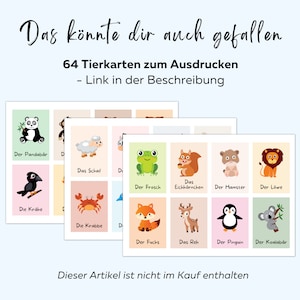 May include: A set of 64 printable animal flashcards featuring colourful illustrations of animals such as a panda, sheep, frog, squirrel, hamster, lion, crow, crab, fox, deer, penguin, and koala. The text on the cards is in German.