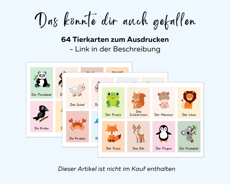 May include: A set of 64 printable animal flashcards featuring colourful illustrations of animals such as a panda, sheep, frog, squirrel, hamster, lion, crow, crab, fox, deer, penguin, and koala. The text on the cards is in German.