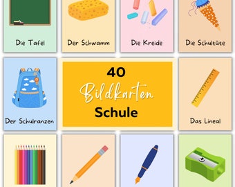 40 Schulkarten, Wortschatz für Erstklässler / Grundschüler, Bildkarten Schule, Lernkarten, Schulwörter, Erster Schultag wichtige Begriffe