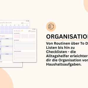 Puede incluir: Tres p&aacute;ginas de planificador imprimibles, con secciones para la planificaci&oacute;n semanal, listas de tareas y horarios de limpieza. La palabra "ORGANISATION" se muestra en letras negras grandes y en negrita, con texto en alem&aacute;n debajo.