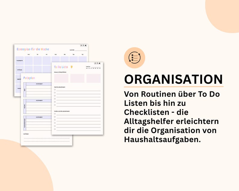 Puede incluir: Tres p&aacute;ginas de planificador imprimibles, con secciones para la planificaci&oacute;n semanal, listas de tareas y horarios de limpieza. La palabra "ORGANISATION" se muestra en letras negras grandes y en negrita, con texto en alem&aacute;n debajo.