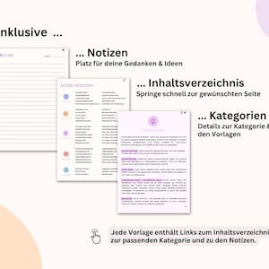 Puede incluir: Una interfaz de planificador digital con tres ventanas abiertas. Las ventanas muestran una p&aacute;gina de notas con l&iacute;neas, una tabla de contenidos y una p&aacute;gina de categor&iacute;as detallada. El texto de la imagen incluye "Notas", "Tabla de contenidos" y "Categor&iacute;as".