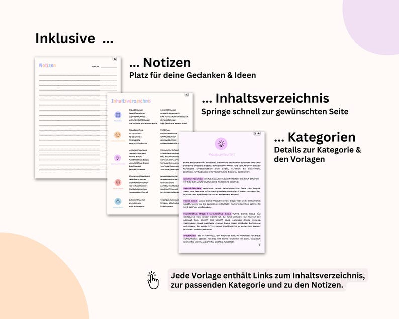 Puede incluir: Una interfaz de planificador digital con tres ventanas abiertas. Las ventanas muestran una p&aacute;gina de notas con l&iacute;neas, una tabla de contenidos y una p&aacute;gina de categor&iacute;as detallada. El texto de la imagen incluye "Notas", "Tabla de contenidos" y "Categor&iacute;as".