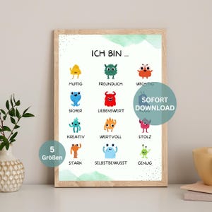 Glaubenssätze Poster für Kinder mit Monster Motiv, Mutmachmonster, Mentale Gesundheit Kinder Achtsamkeit Poster Klassenzimmer, Geburstag