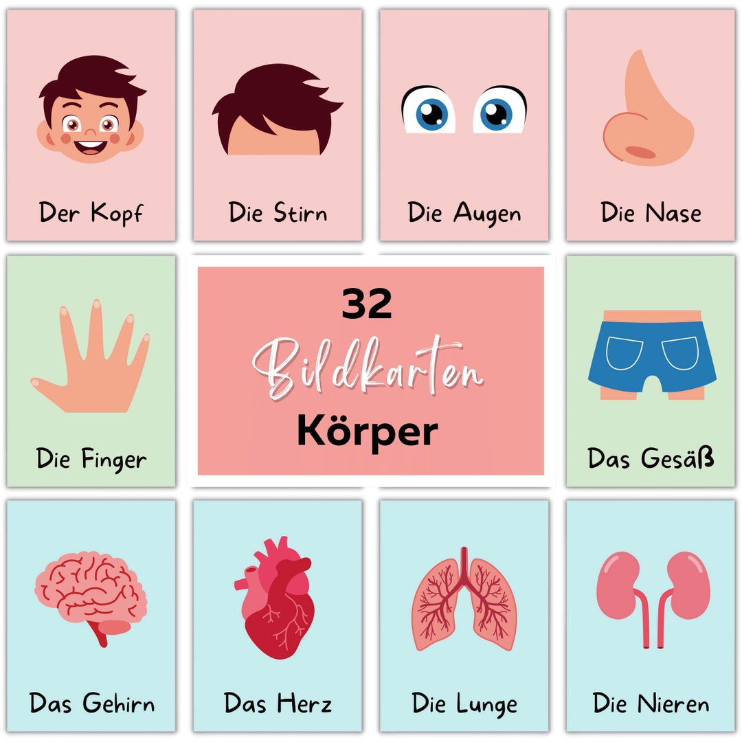 32 Lernkarten Körper, Bildkarten Kinder zum Ausdrucken, Kindergarten