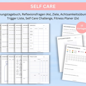 May include: A set of 12 printable self-care planner pages in black and white. The pages include mood trackers, reflection questions, goal setting, mindfulness exercises, trigger lists, self-care challenges, and fitness planners.