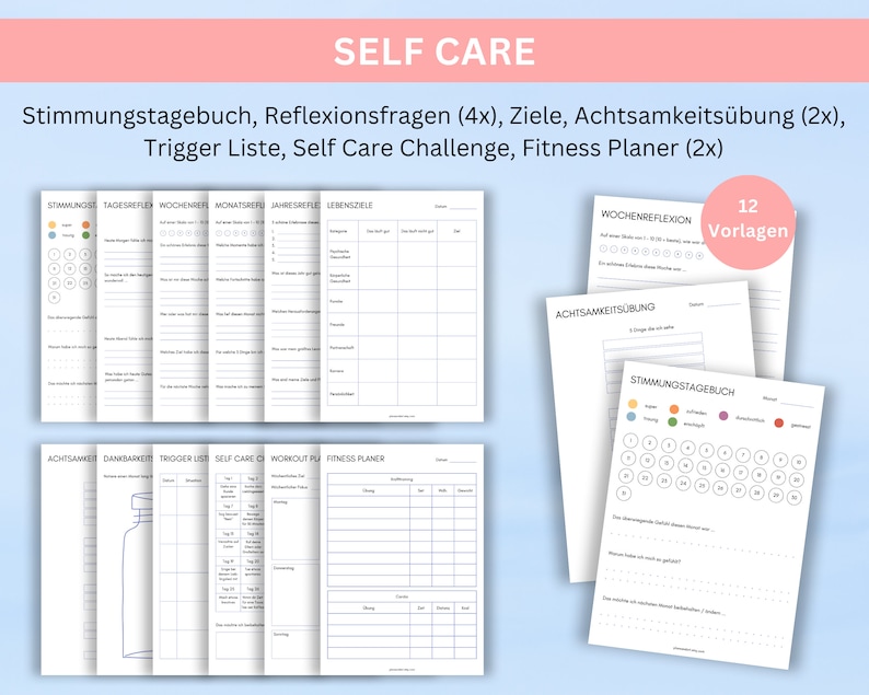 May include: A set of 12 printable self-care planner pages in black and white. The pages include mood trackers, reflection questions, goal setting, mindfulness exercises, trigger lists, self-care challenges, and fitness planners.