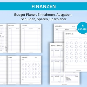 May include: Six printable budget planner templates in black and white. The templates include sections for income, expenses, savings, debt, and a savings tracker.