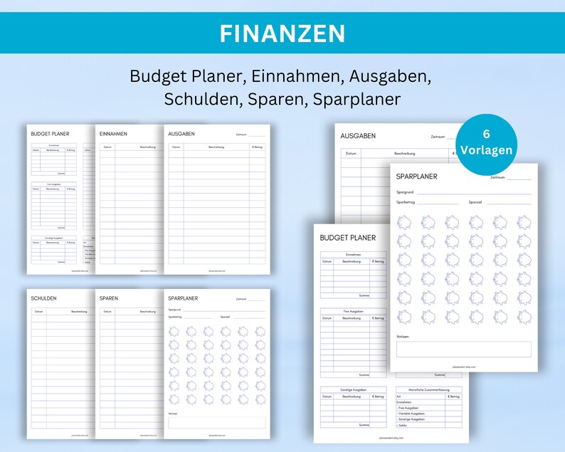 May include: Six printable budget planner templates in black and white. The templates include sections for income, expenses, savings, debt, and a savings tracker.