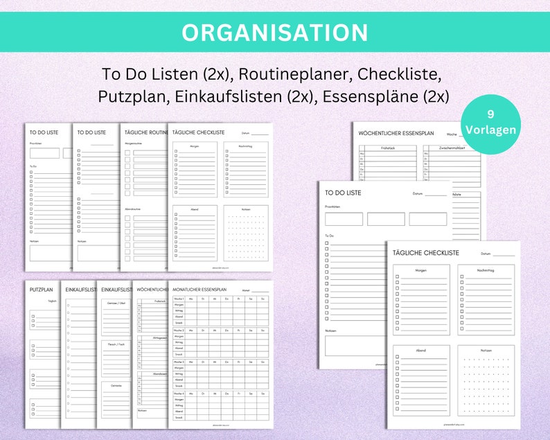 PDF Vorlagen zur Organisation wie To Do Listen, Routineplaner, Checkliste, Putzplan, Einkaufsliste, Essensplan, ADHS Planer