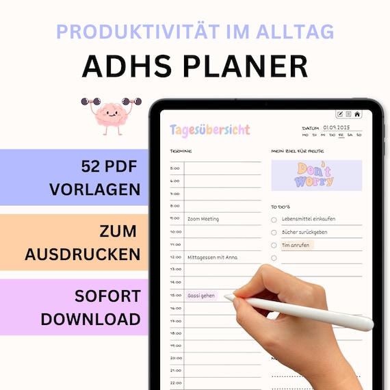 ADHS Planer für Erwachsene, Digitaler ADHS Planer deutsch verlinkt, ADHS Planer pdf Vorlagen, GoodNotes Planer, Gewohnheiten, Routine, bunt