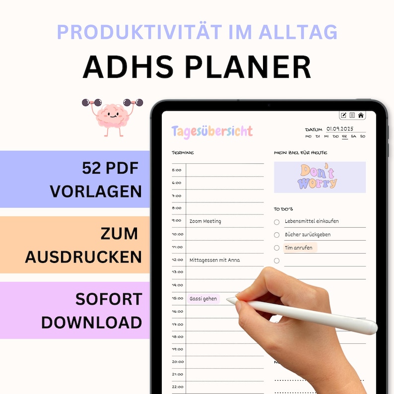 ADHS Planer für Erwachsene, Digitaler ADHS Planer deutsch verlinkt, ADHS Planer pdf Vorlagen, GoodNotes Planer, Gewohnheiten, Routine, bunt