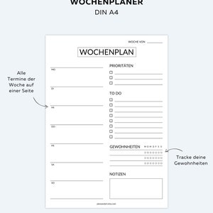 May include: A black and white printable weekly planner with sections for priorities, to do, habits, and notes. The planner is designed for A4 paper and has a simple, minimalist design.