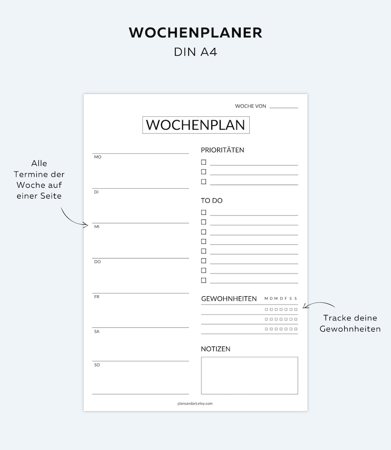 May include: A black and white printable weekly planner with sections for priorities, to do, habits, and notes. The planner is designed for A4 paper and has a simple, minimalist design.