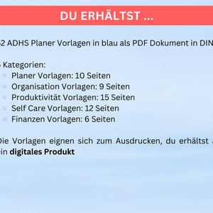 May include: A blue and white text document with the title "DU ERH&Auml;LTST..." and a list of 52 ADHD planner templates in blue PDF format. The document includes 5 categories: Planner, Organisation, Productivity, Self Care, and Finances. The document also states that the templates are suitable for printing and are a digital product.