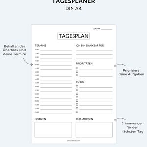 May include: A black and white printable daily planner with sections for appointments, priorities, to-do list, notes, and reminders. The planner has the title "Tagesplaner" and the text "Ich bin dankbar f&uuml;r".