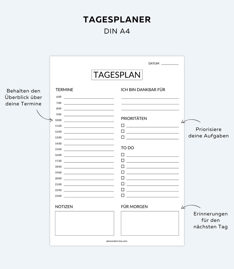 May include: A black and white printable daily planner with sections for appointments, priorities, to-do list, notes, and reminders. The planner has the title "Tagesplaner" and the text "Ich bin dankbar f&uuml;r".