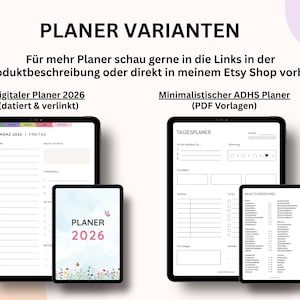 Puede incluir: Presentaci&oacute;n de diferentes planificadores digitales en tabletas. La imagen muestra dos tipos de planificadores: un planificador digital fechado 2026 y un planificador minimalista para TDAH. El texto incluye "PLANER VARIANTEN" y "Digitaler Planer 2026".