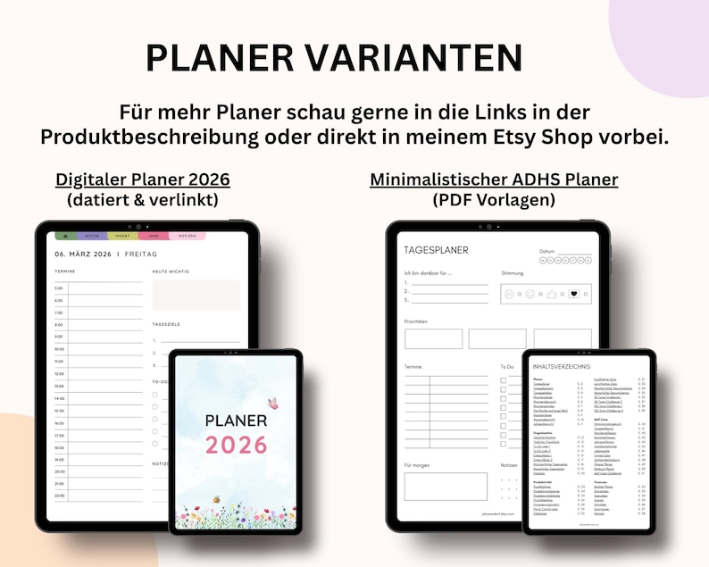 Puede incluir: Presentaci&oacute;n de diferentes planificadores digitales en tabletas. La imagen muestra dos tipos de planificadores: un planificador digital fechado 2026 y un planificador minimalista para TDAH. El texto incluye "PLANER VARIANTEN" y "Digitaler Planer 2026".