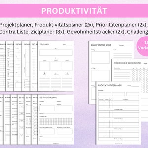 Produktivität steigern mit diesen 15 PDF Vorlagen in A4 zum Ausdrucken, Projektplaner, Produktivitätsplaner, Prioritätenplaner, Pro Contra Liste, Gewohnheitstracker, Habit Tracker, Challenges