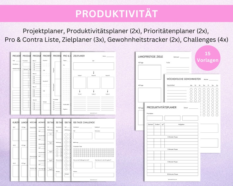 Produktivität steigern mit diesen 15 PDF Vorlagen in A4 zum Ausdrucken, Projektplaner, Produktivitätsplaner, Prioritätenplaner, Pro Contra Liste, Gewohnheitstracker, Habit Tracker, Challenges