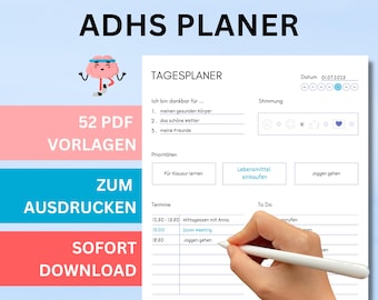 ADHD planner templates for printing, ADHD planner in German, ADHD planner for adults, Neurodivers ADHD planner PDF download, A4 minimalist
