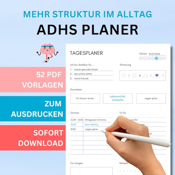 ADHS Planer Vorlagen zum Ausdrucken ADHS Planer deutsch adhs Planer für Erwachsene  Neurodivers Planer adhs PDF Download A4 Minimalistisch
