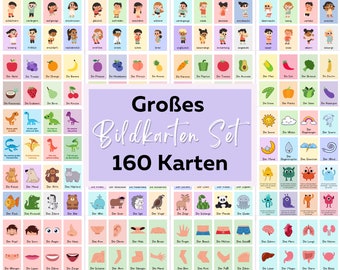 Picture cards for children, set of 160 learning cards for kindergarten, digital download, language support, learning German, teaching material PDF, gift for a child's birthday