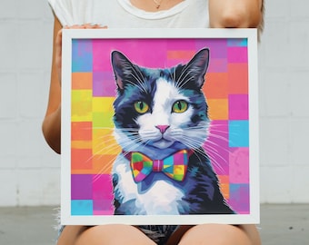 Black and White Cat Wearing Colorful Bow Tie Art Print. Pop Art Home Decor for Tuxedo Cat Lovers.
